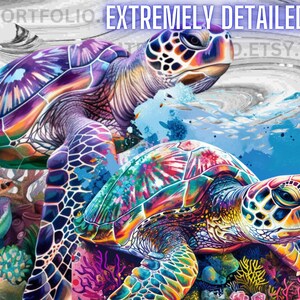 May include: Two colorful sea turtles swimming in a blue ocean with coral reefs. The turtles have vibrant purple, blue, green, orange, and yellow shells. The ocean is painted with blue, white, and gray watercolors.
