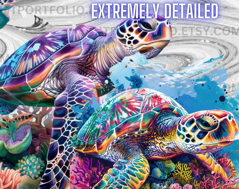 May include: Two colorful sea turtles swimming in a blue ocean with coral reefs. The turtles have vibrant purple, blue, green, orange, and yellow shells. The ocean is painted with blue, white, and gray watercolors.