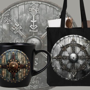 May include: A set of three Viking-themed products: a black mug with a wooden shield design, a black tote bag with a silver shield design, and a silver shield with a wooden design.