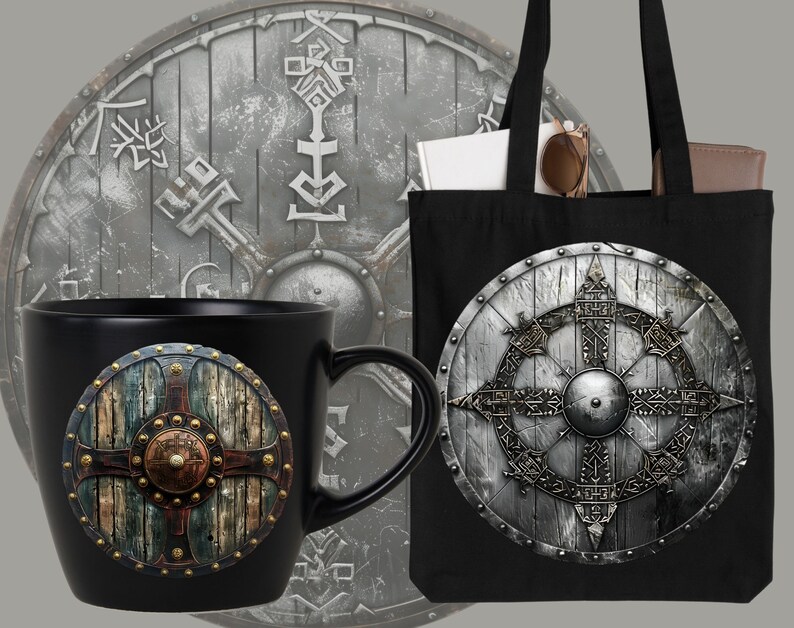 May include: A set of three Viking-themed products: a black mug with a wooden shield design, a black tote bag with a silver shield design, and a silver shield with a wooden design.