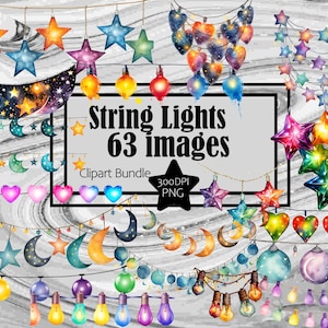 Op de afbeelding: Een set van 63 aquarel illustraties van lichtslingers met verschillende vormen, waaronder sterren, manen, harten en gloeilampen. De lichten zijn in verschillende kleuren, waaronder blauw, roze, geel en paars. De illustraties zijn perfect om een vleugje whimsy toe te voegen aan elk project.