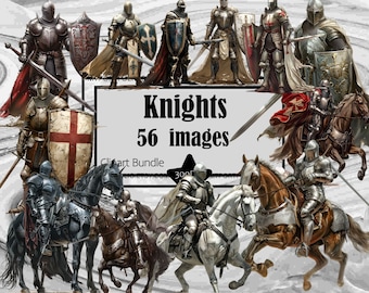 May include: A collection of 56 images of knights in armor, some on horseback, with swords and shields. The images are in a collage style and include a title that says "Knights 56 images".