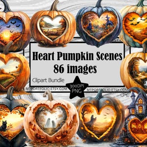 May include: A set of 86 digital images featuring heart-shaped pumpkins with various autumnal scenes inside. The images are perfect for crafting, scrapbooking, and other creative projects.  Heart Pumpkin Scenes 86 images Clipart Bundle 300DPI PNG MTPORTFOLIO.ETSY.COM
