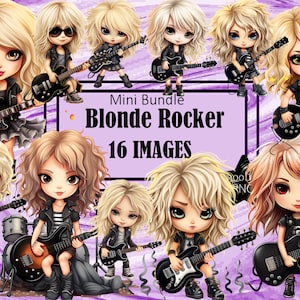 Blonde Hair Rocker Girl Guitar Chibi Kawaii Art Clipart Graphics Sublimation Bundle Junk Journal Scrapbook PNG File Transparent Download