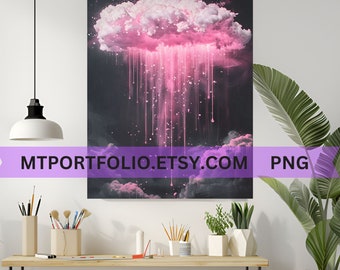 Pink Cloud Printable Art Pink Rain Storm Cloud Wall Art Pink Rain Drops College Dorm Room Modern Art - Instant Download