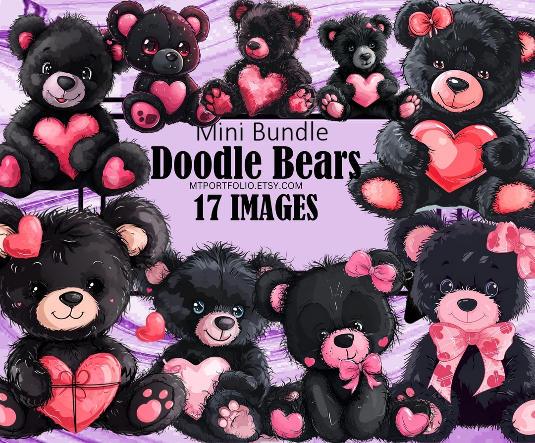 Pink Black Doodle Bears Hearts Love Valentines Day Clipart Graphics ...