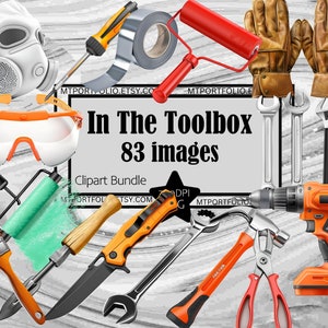 Puede incluir: Una colección de herramientas, que incluyen un taladro, una llave inglesa, un martillo, un rodillo de pintura, gafas de seguridad y un cuchillo. Las herramientas están dispuestas sobre un fondo gris y blanco con el texto "In The Toolbox 83 images" y "Clipart Bundle".
