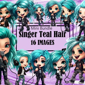 Capelli verde acqua Cantante Ragazza Cantante Chibi Kawaii Arte Clipart Grafica Sublimazione Bundle Junk Journal Scrapbook File PNG Trasparente Download