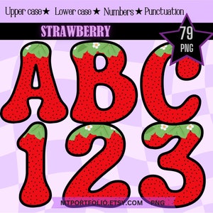 Strawberry Alphabet PNG Green Leaf Individual Letters and Numbers Clipart Digital Alphabet Fruit Fruity Sweet Letters Sublimation Clipart