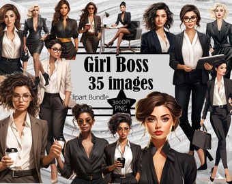 May include: A digital clipart bundle of 35 images featuring women in business attire. The women are depicted in various poses, including standing, sitting, and holding objects such as coffee cups and briefcases. The images are in a cartoon style and have a bright, colorful aesthetic. The text "Girl Boss 35 images" is displayed in the center of the image.