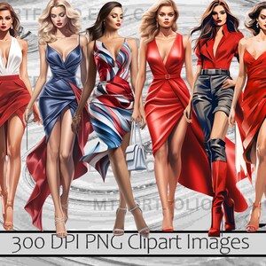 May include: Six women in different red, white, and blue dresses. The women are all wearing high heels and have long hair. The background is a swirling pattern of gray and white.