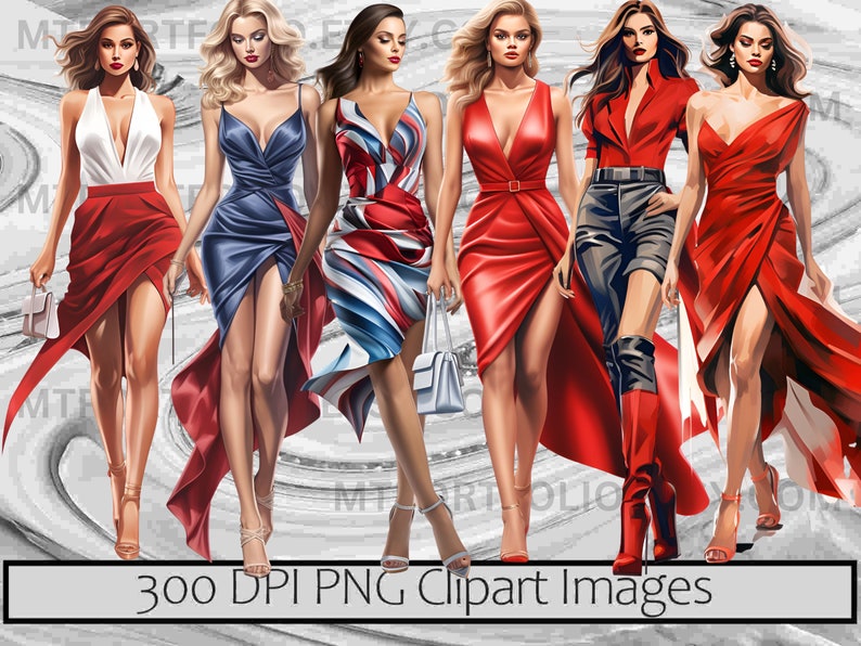 May include: Six women in different red, white, and blue dresses. The women are all wearing high heels and have long hair. The background is a swirling pattern of gray and white.
