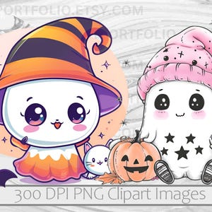 May include: Two cute cartoon ghosts, one wearing a witch hat and the other a pink sleeping cap. The ghost wearing the witch hat is holding a candy corn and a small white cat. The ghost wearing the pink sleeping cap is holding a pumpkin and a cup of coffee. Both ghosts have big eyes and a friendly smile. 300 DPI PNG Clipart Images