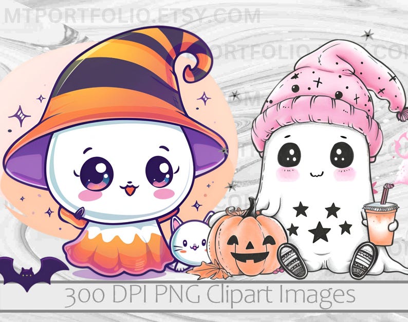 May include: Two cute cartoon ghosts, one wearing a witch hat and the other a pink sleeping cap. The ghost wearing the witch hat is holding a candy corn and a small white cat. The ghost wearing the pink sleeping cap is holding a pumpkin and a cup of coffee. Both ghosts have big eyes and a friendly smile. 300 DPI PNG Clipart Images