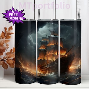 Pirate Ship in a Stormy Sunset Sea Pirates Ocean Scene 20oz Skinny Tumbler Sublimation Design Digital Wrap Waterslide Download PNG 300DPI