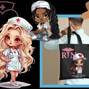Pode incluir: Uma bolsa tote preta com um "RN" branco e um s&iacute;mbolo de caduceu. A bolsa apresenta uma imagem de desenho animado de uma enfermeira com um cora&ccedil;&atilde;o rosa no chap&eacute;u.