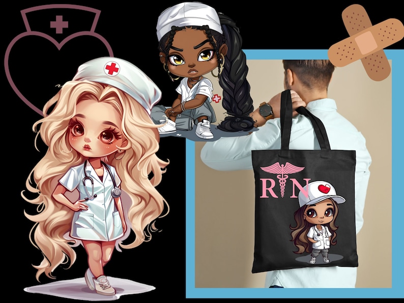 Pode incluir: Uma bolsa tote preta com um "RN" branco e um s&iacute;mbolo de caduceu. A bolsa apresenta uma imagem de desenho animado de uma enfermeira com um cora&ccedil;&atilde;o rosa no chap&eacute;u.