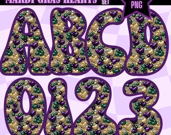 Mardi Gras Alphabet PNG Purple Green Gold Beads Individual Letters and Numbers Clipart Digital Alphabet Mardi Gras Letters Sublimation