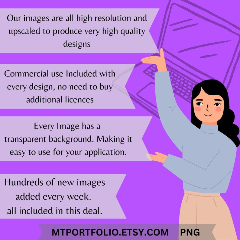 May include: A purple background with white text describing high-resolution images with transparent backgrounds. The text also mentions commercial use is included with every design. A cartoon woman is pointing to a laptop with a white screen. The text "MTPORTFOLIO.ETSY.COM PNG" is at the bottom of the image.