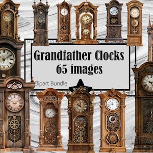 Pode incluir: Uma coleção de relógios de pé antigos em vários estilos. Os relógios são feitos de madeira e apresentam entalhes ornamentados, com mostradores mostrando algarismos romanos. A imagem inclui o texto "Grandfather Clocks 65 images Clipart Bundle."