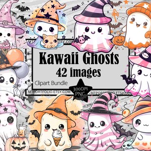 May include: A set of 42 digital clipart images featuring cute cartoon ghosts in various poses and outfits. The ghosts are wearing witch hats, holding candy, and have different facial expressions. The images are perfect for Halloween crafts, scrapbooking, and digital design projects.