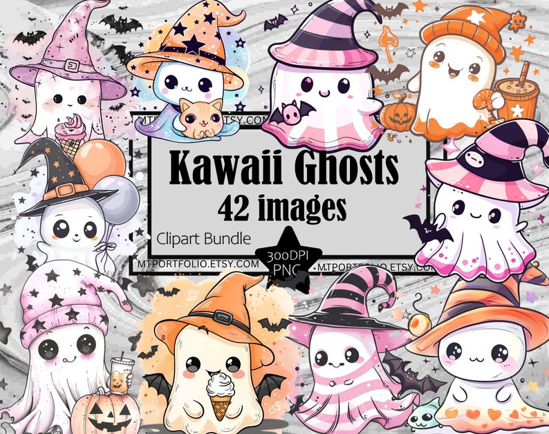May include: A set of 42 digital clipart images featuring cute cartoon ghosts in various poses and outfits. The ghosts are wearing witch hats, holding candy, and have different facial expressions. The images are perfect for Halloween crafts, scrapbooking, and digital design projects.