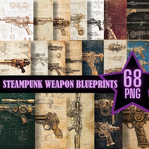 May include: A collection of 68 steampunk weapon blueprints in PNG format. The blueprints are detailed drawings of various weapons, including pistols, rifles, and cannons. The drawings are in a vintage style, with intricate details and gears.