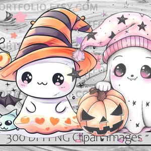 May include: Two cute cartoon ghosts with big eyes. One ghost is wearing a witch hat with orange and black stripes. The other ghost is wearing a pink sleeping cap. Both ghosts are holding Halloween themed items. The text "300 DIGITAL CLIPART IMAGES" is at the bottom of the image.