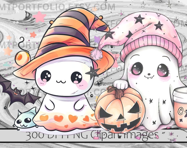 May include: Two cute cartoon ghosts with big eyes. One ghost is wearing a witch hat with orange and black stripes. The other ghost is wearing a pink sleeping cap. Both ghosts are holding Halloween themed items. The text "300 DIGITAL CLIPART IMAGES" is at the bottom of the image.