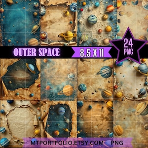 Planet and Moon Junk Journal 8,5 x 11 papier 24-pack vintage ruimteverouderd papier Galactic Space plakboekpagina planeet afdrukbare Instant Download
