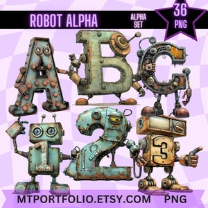 Letras de robô PNG Alfabeto Steampunk Letras individuais Clipart Letras do alfabeto digital Sublimação para crianças Robô mecânico Android PNG