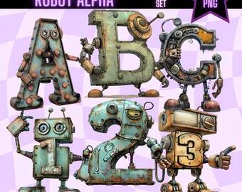 Litery robota PNG Steampunk Alfabet Poszczególne litery Clipart Cyfrowe litery alfabetu Sublimacja dla dzieci Mechaniczny robot Android PNG