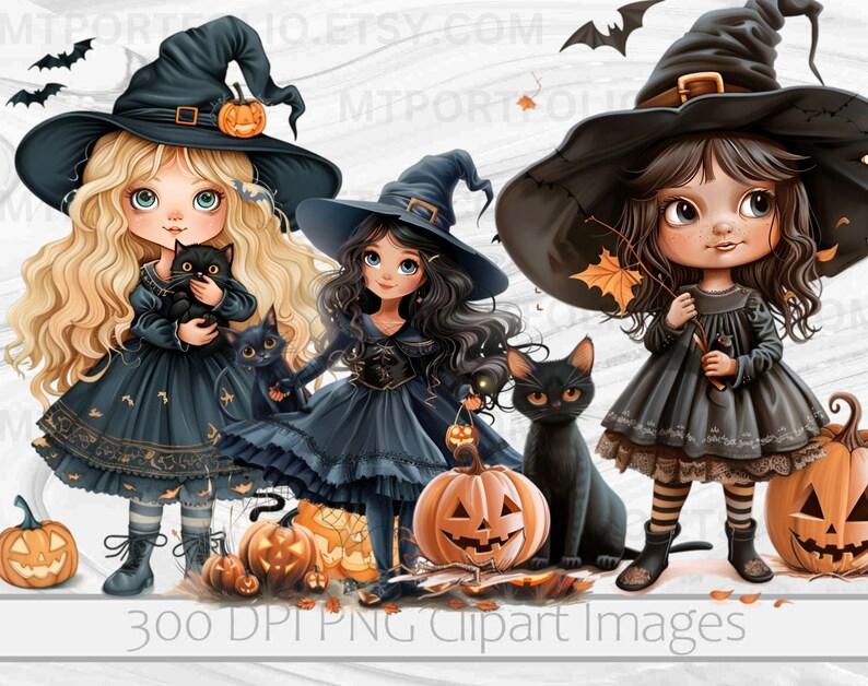 May include: Three cartoon witches with black hats and dresses, holding black cats and pumpkins.  The witches have long black hair and big eyes.  The background is a white woodgrain pattern.  300 DPI PNG clipart images.