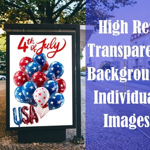 Peut inclure: Une affiche publicitaire pr&eacute;sente une c&eacute;l&eacute;bration du 4 juillet. Elle montre des ballons rouges, blancs et bleus avec des motifs d'&eacute;toiles, et une composition de ballons &eacute;pelant "USA". Le texte "4th of July" est en rouge.