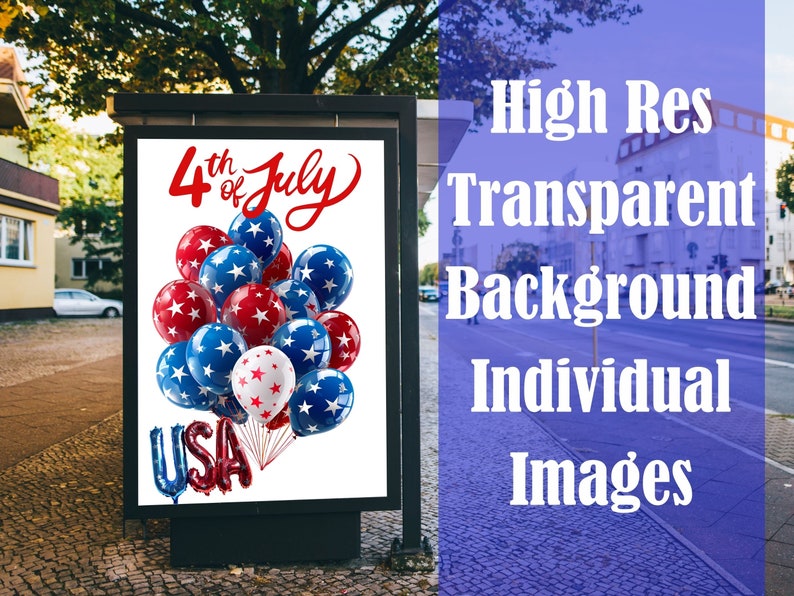 Peut inclure: Une affiche publicitaire pr&eacute;sente une c&eacute;l&eacute;bration du 4 juillet. Elle montre des ballons rouges, blancs et bleus avec des motifs d'&eacute;toiles, et une composition de ballons &eacute;pelant "USA". Le texte "4th of July" est en rouge.