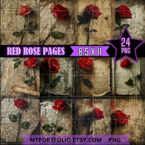 Red Rose Junk Journal digitaal 8,5 x 11 papier, 24 stuks vintage verouderd papier romantische RedRose plakboekpagina afdrukbare Instant Download donker