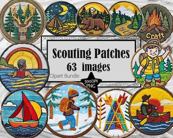 May include: A set of 63 colorful, round, embroidered patches with various scouting themes. The patches feature images of a deer, a campfire, a bear, a canoe, a tent, a scout, and more. The text "Scouting Patches 63 images" is displayed in the center of the image.