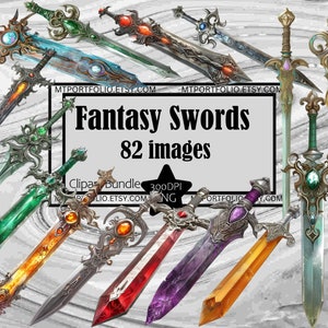 May include: A collection of 82 fantasy swords with intricate designs and colorful gems. The swords are arranged in a collage against a gray marble background. The text "Fantasy Swords 82 images" is displayed in the center of the image.