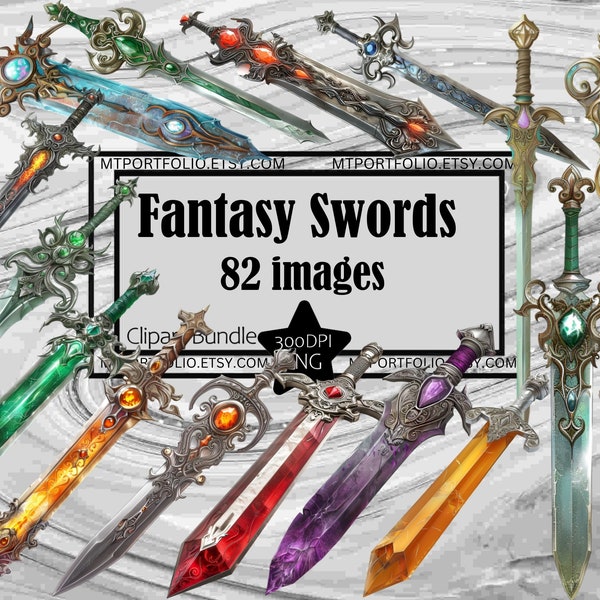 Fantasy Sword Clipart Magic Gem Sword Cosplay Gamer Sword PNG Graphic Bundle Junk Journal Digital Download Commercial License RPG Weapon PNG