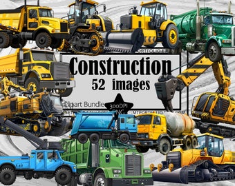 May include: A collection of 52 construction vehicle clip art images. The images include a yellow dump truck, a yellow bulldozer, a green semi-truck with a cement mixer, a yellow excavator, a blue dump truck, a green dump truck, and a yellow bulldozer with tracks.