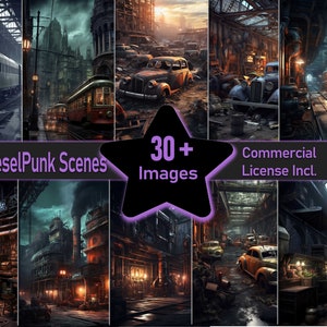 May include: A collage of 30+ images depicting DieselPunk scenes. The images feature abandoned cars, industrial buildings, and steam-powered machinery. The text "DieselPunk Scenes" and "Commercial License Incl." is displayed on the collage.