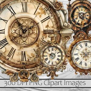 Puede incluir: Tres relojes de estilo antiguo con marcos dorados ornamentados y esferas con n&uacute;meros romanos. Los relojes tienen un aspecto desgastado y envejecido con una combinaci&oacute;n de colores marr&oacute;n y dorado.