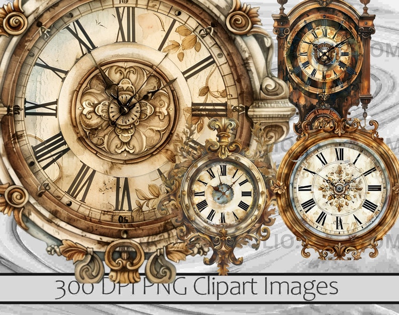 Puede incluir: Tres relojes de estilo antiguo con marcos dorados ornamentados y esferas con n&uacute;meros romanos. Los relojes tienen un aspecto desgastado y envejecido con una combinaci&oacute;n de colores marr&oacute;n y dorado.