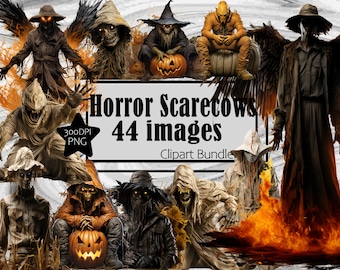 Könnte beinhalten: Ein digitales Clipart-Paket mit 44 Bildern von Horror-Schreckvögeln. Die Bilder sind im PNG-Format und haben eine Auflösung von 300 DPI. Die Vogelscheuchen sind in verschiedenen Posen und Ausdrücken dargestellt, einige mit leuchtenden Augen und andere mit bedrohlichen Grinsen. Die Bilder sind perfekt für Halloween-Dekorationen, Bastelarbeiten und digitale Projekte.