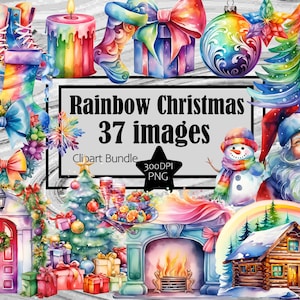Christmas Clipart Rainbow Watercolor Rainbow Christmas PNG Bundle Rainbow Christmas Stocking PNG Snowman Clipart Christmas Tree Sublimation