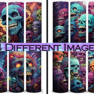 Paquete de 4 vasos delgados de 20 oz con diseño de sublimación de zombis, arcoíris y terror, envoltura PNG digital, tobogán de agua, descarga PNG, 300 DPI