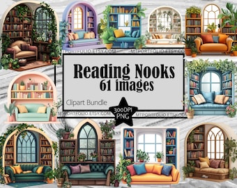 Rincón de lectura Clipart Rincón de libros acogedor Paquete PNG Gráficos PNG Uso comercial transparente Descarga digital Sublimación PNG