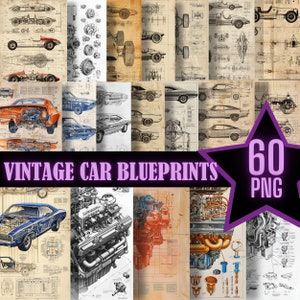 Plans de voitures anciennes brevets dessins PNG schéma imprimable vintage éphémères Muscle Car dessins mécaniques Junk Journal papier numérique