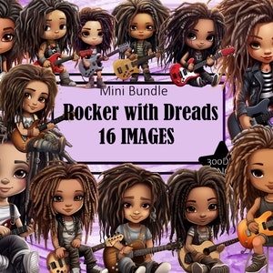 Rocker Girl Locs Dreads Guitar Chibi Kawaii Art Clipart Graphics Sublimation Bundle Junk Journal Scrapbook PNG File Transparent Download
