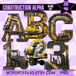 Letras de construcción PNG, alfabeto mecánico, letras individuales, clipart, letras digitales, sublimación para niños, herramientas, camiones, alfa, PNG